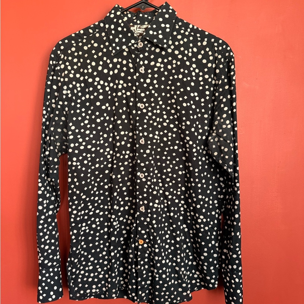 Men's Black Button-Down Shirt with White Dot Print